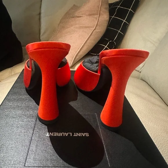 Saint Laurent Bright Orange Open-Toe Mule Heels - Picture 2 of 3